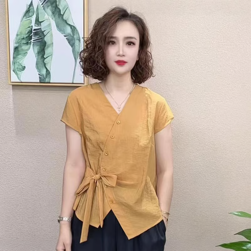 夏季新款重工不規則設計短袖時尚綁帶V領T恤女修身顯瘦上衣女